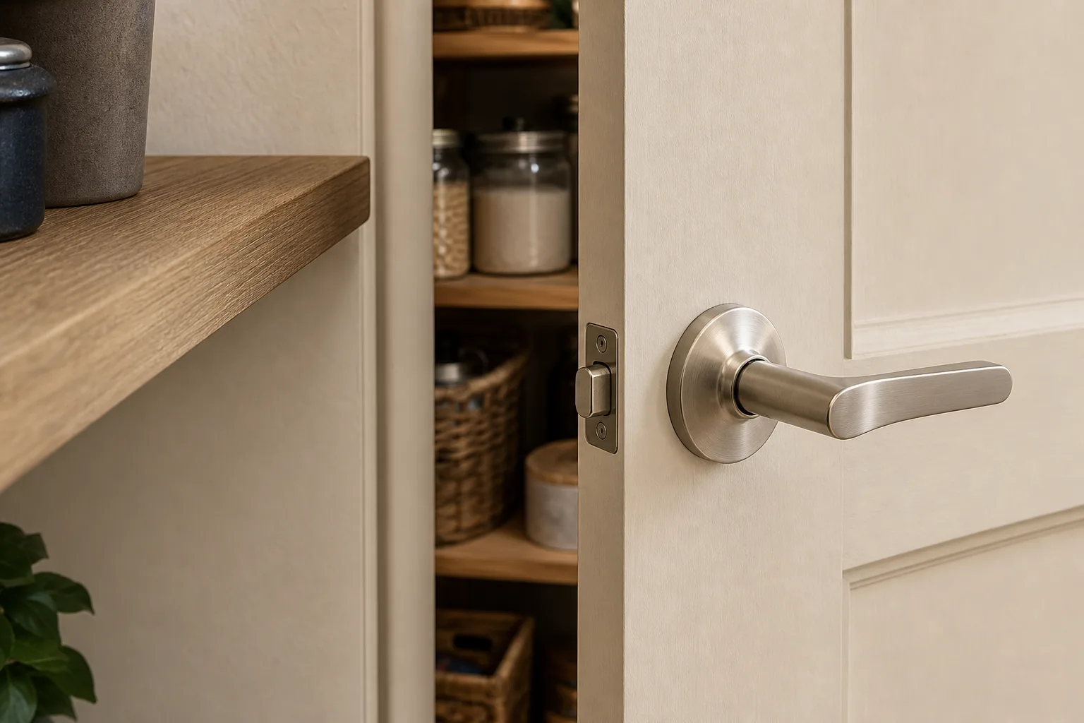 Beige door with modern metal lever handle slightly open to reveal pantry shelves with jars and baskets