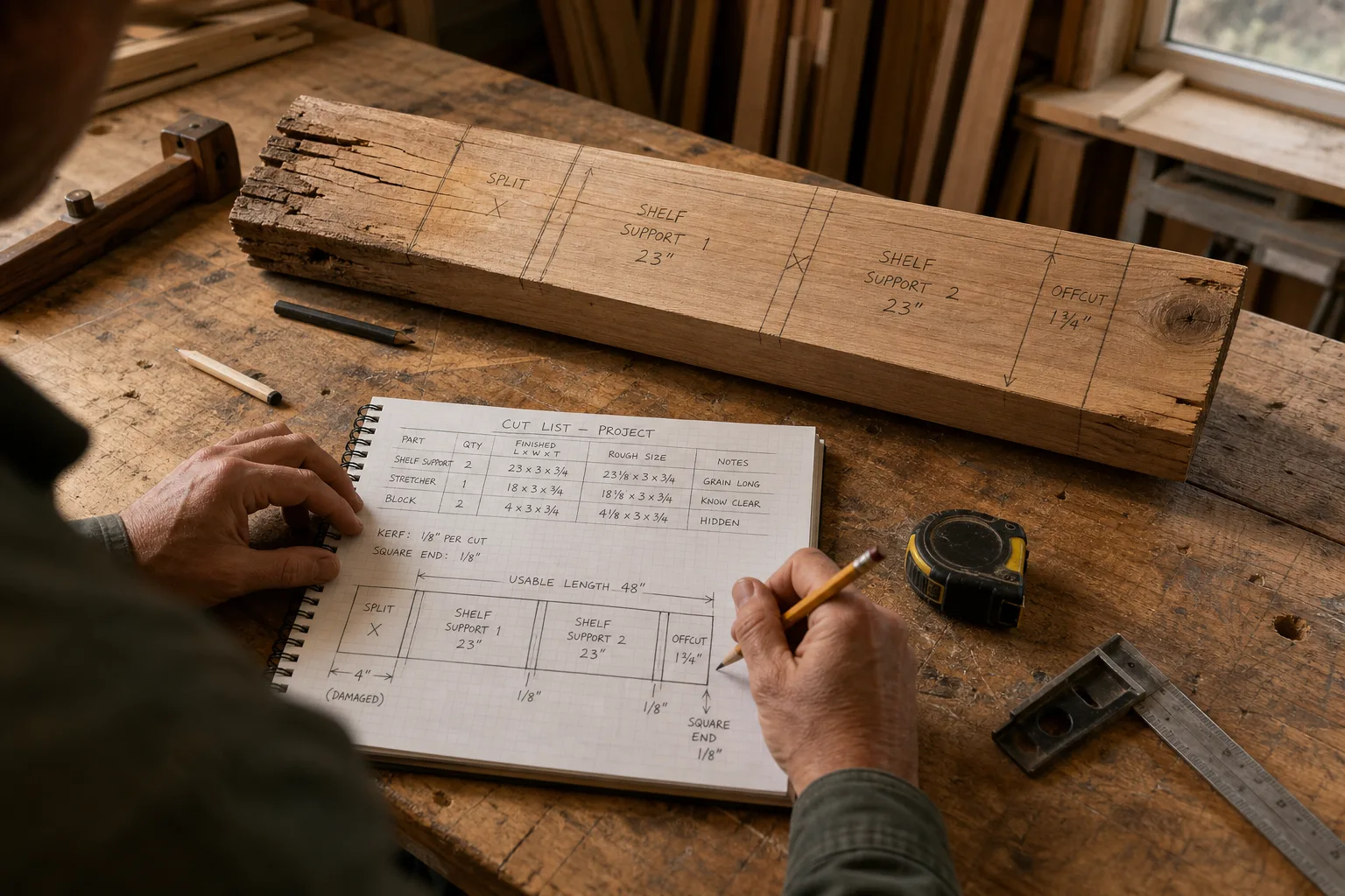 Person drawing detailed woodworking cut list on grid notebook beside marked wooden board and measuring tools