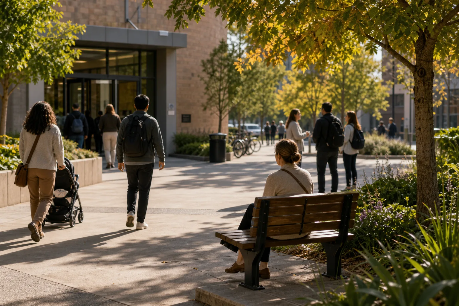 Woman sitting alone on wooden bench by tree in sunny public walkway with others walking and talking