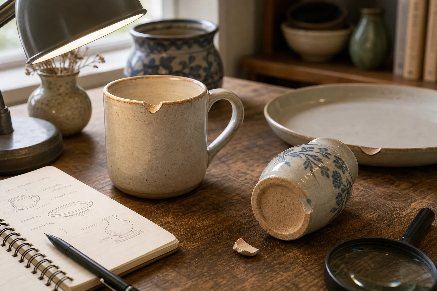 Chipped ceramic mug, small vase, and plate arranged on wooden table with notebook, pen, and magnifying glass