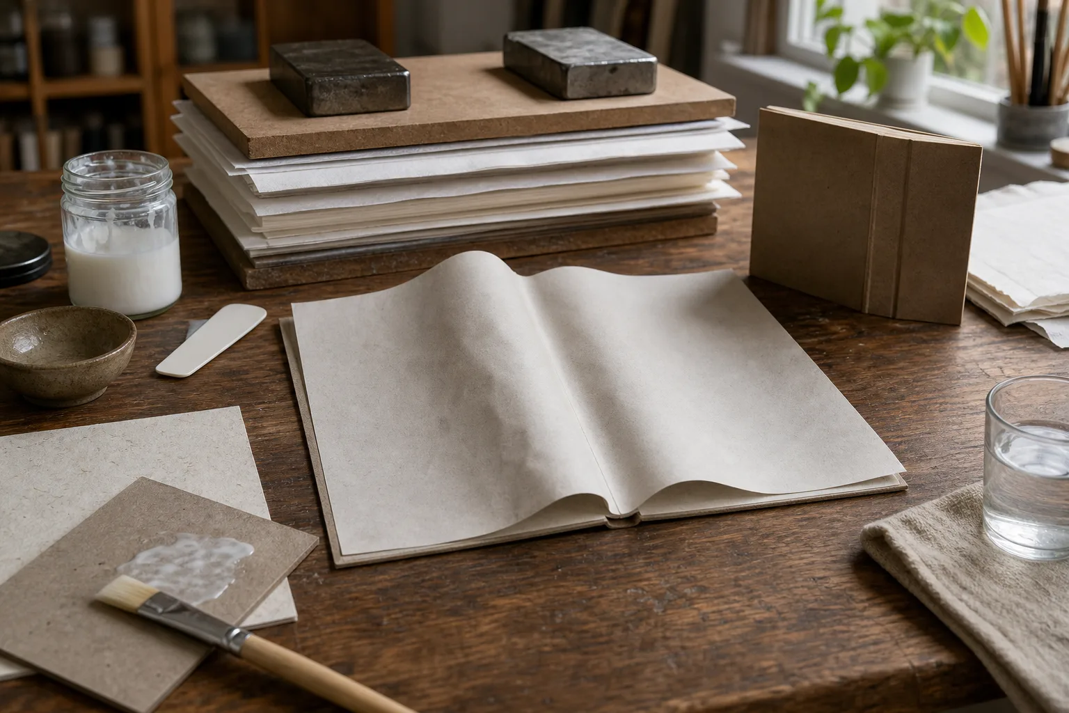 Wooden table with buckled blank sheets of paper, glue jar, brush with glue, and weighted paper stack near a window