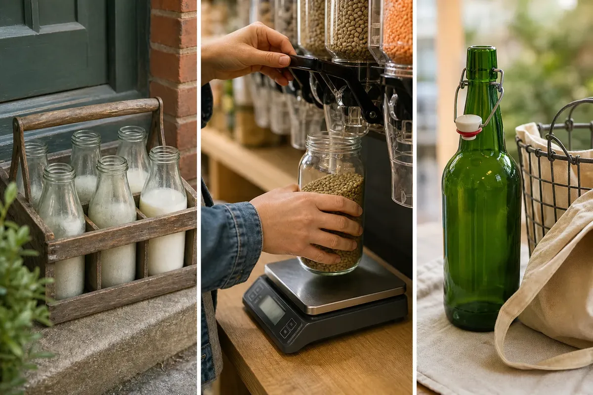 Glass milk bottles in wooden crate, person filling jar with lentils at bulk dispenser, green glass bottle next to cloth bag