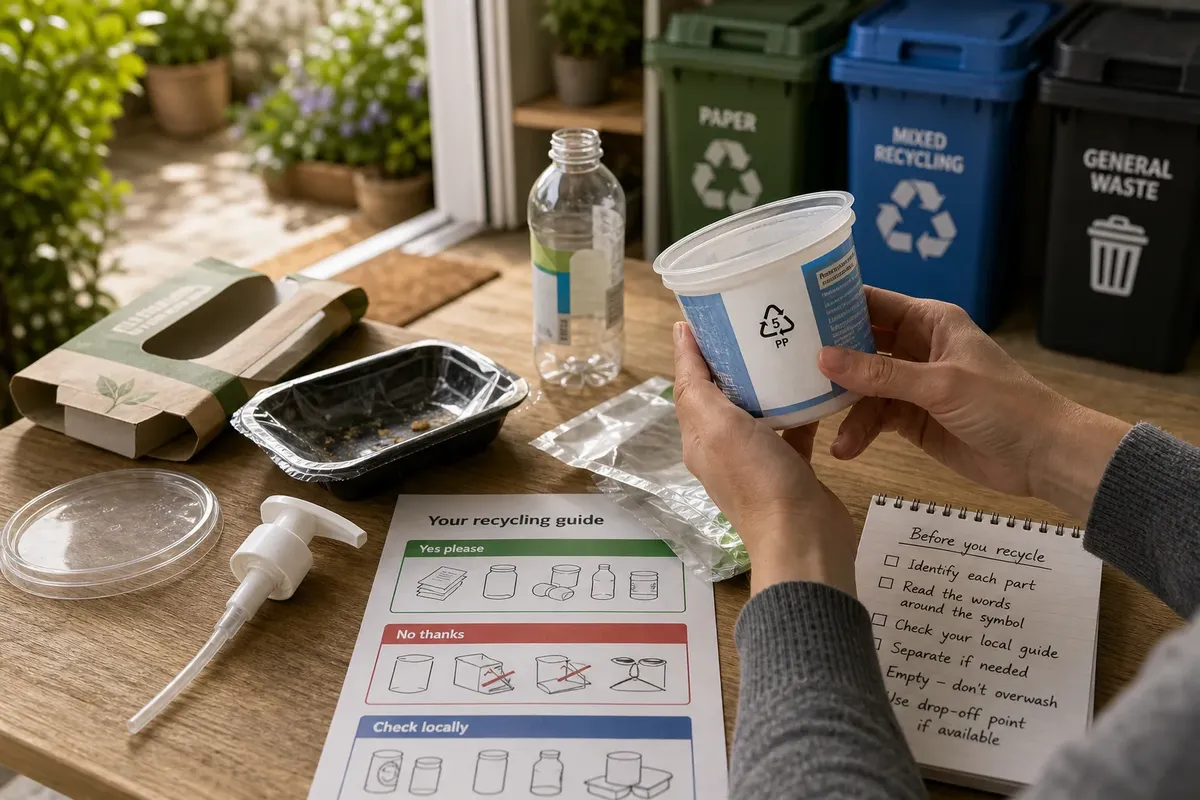 Person holding a plastic container with recycling symbol next to recycling bins and various recyclable items on a wooden table