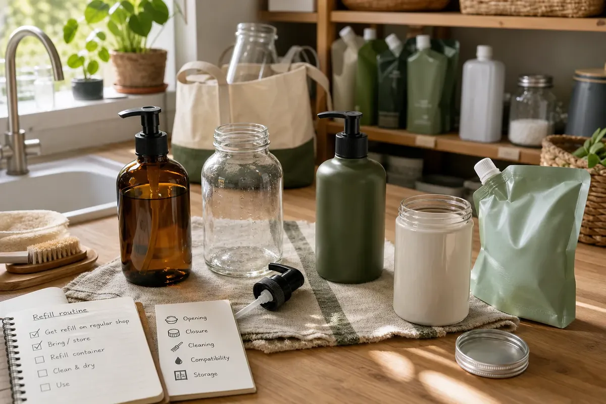 Countertop with reusable containers including glass jars and pump bottles, refill pouch, notes, and kitchen sink in background